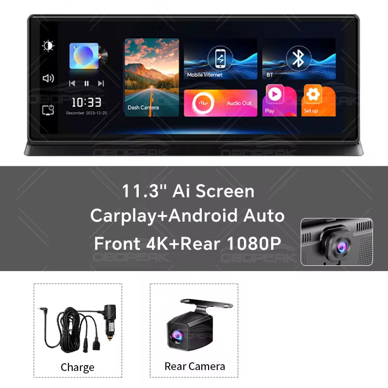 K2 Pro 11.3" Car DVR 4K Camera Wireless Carplay Android Auto Ai Screen Dash Cam Dual Len Video Recorder GPS Navigation Dashboard