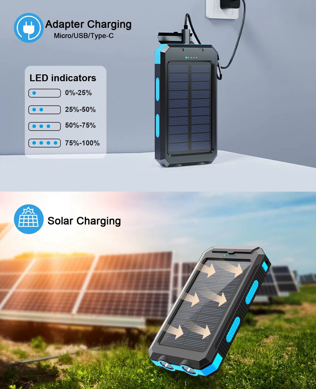 30000Mah Solar Power Bank Dual USB Travel Large Capacity LED Lighting Outdoor Waterproof Power Bank Camping Spare Power