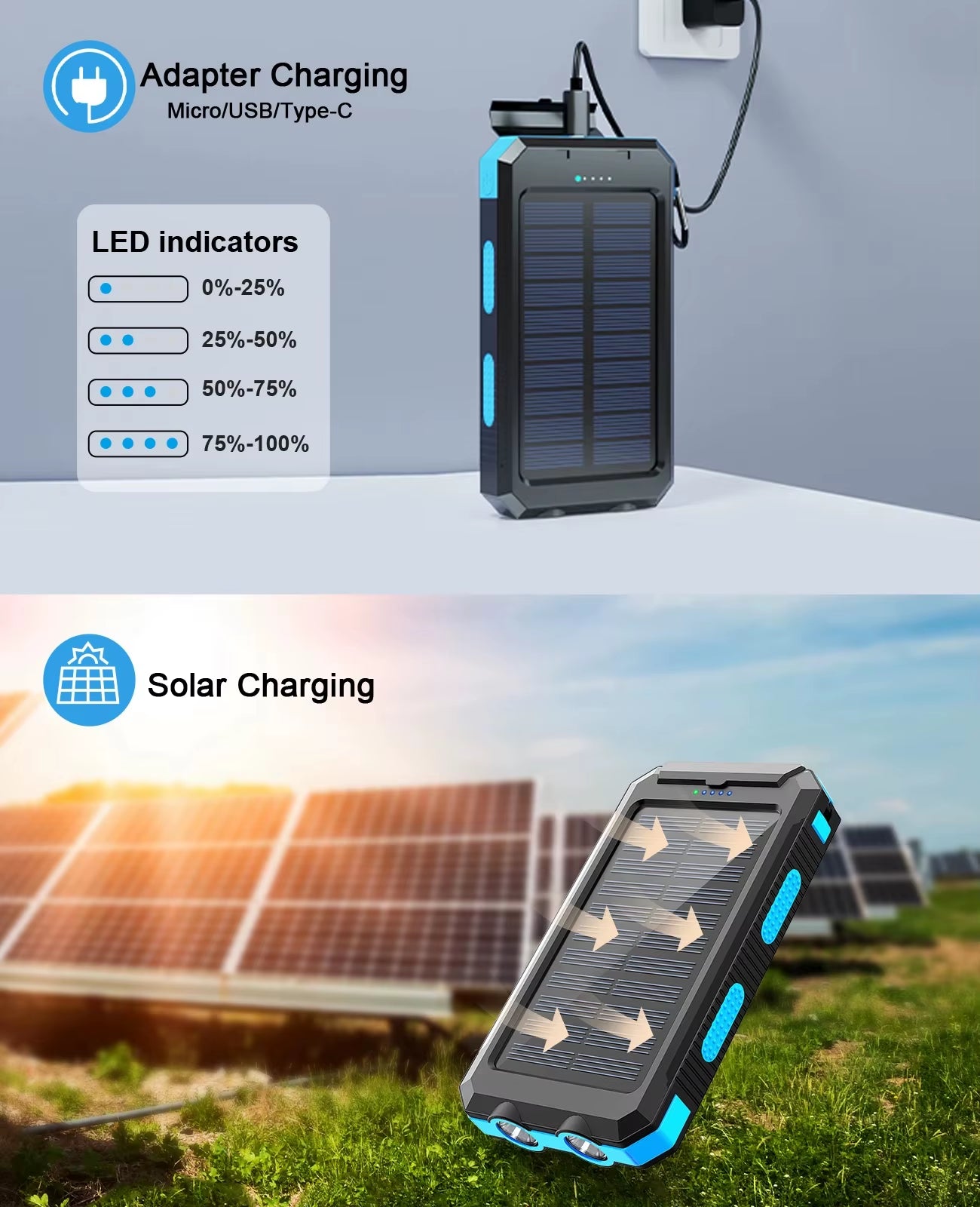 30000Mah Solar Power Bank Dual USB Travel Large Capacity LED Lighting Outdoor Waterproof Power Bank Camping Spare Power