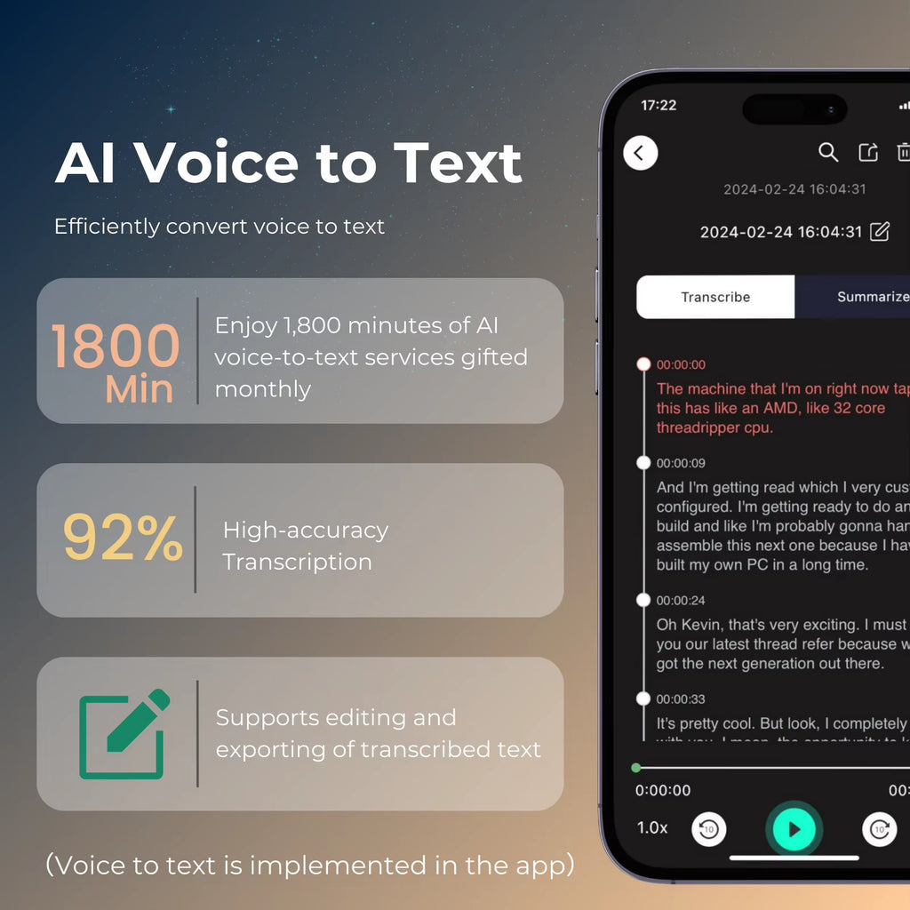 AI Powered Voice Recorder and Call Recorder with Speech-To-Text, Summarization, Translation, Supports 100 Languages, 64GB
