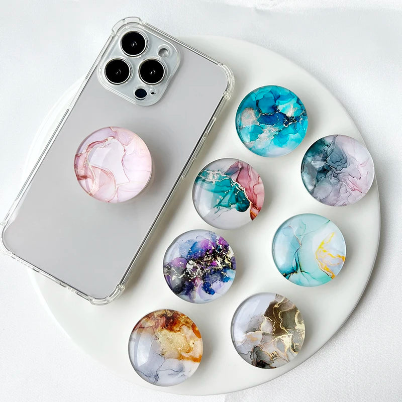 Marble Pattern Crystal Glass Phone Holder Foldable Mobile Phone Socket Crystal Glass Phone Grips