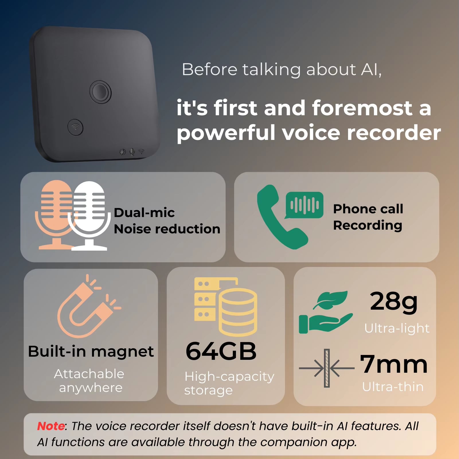 AI Powered Voice Recorder and Call Recorder with Speech-To-Text, Summarization, Translation, Supports 100 Languages, 64GB