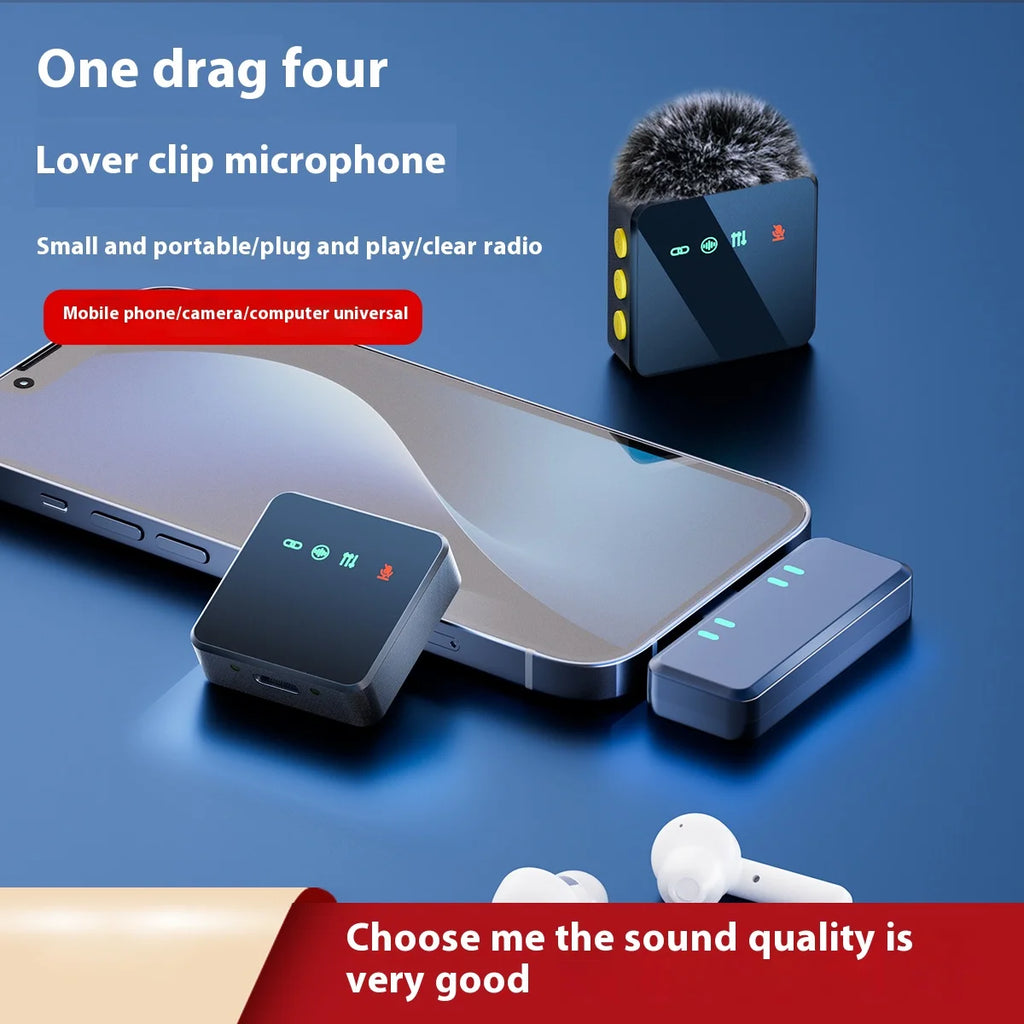 Pink 1 In 4 Wireless Lavalier Microphone Noise Reduction With Windproof Cap Mute Recording Function Portable Audio Video Live