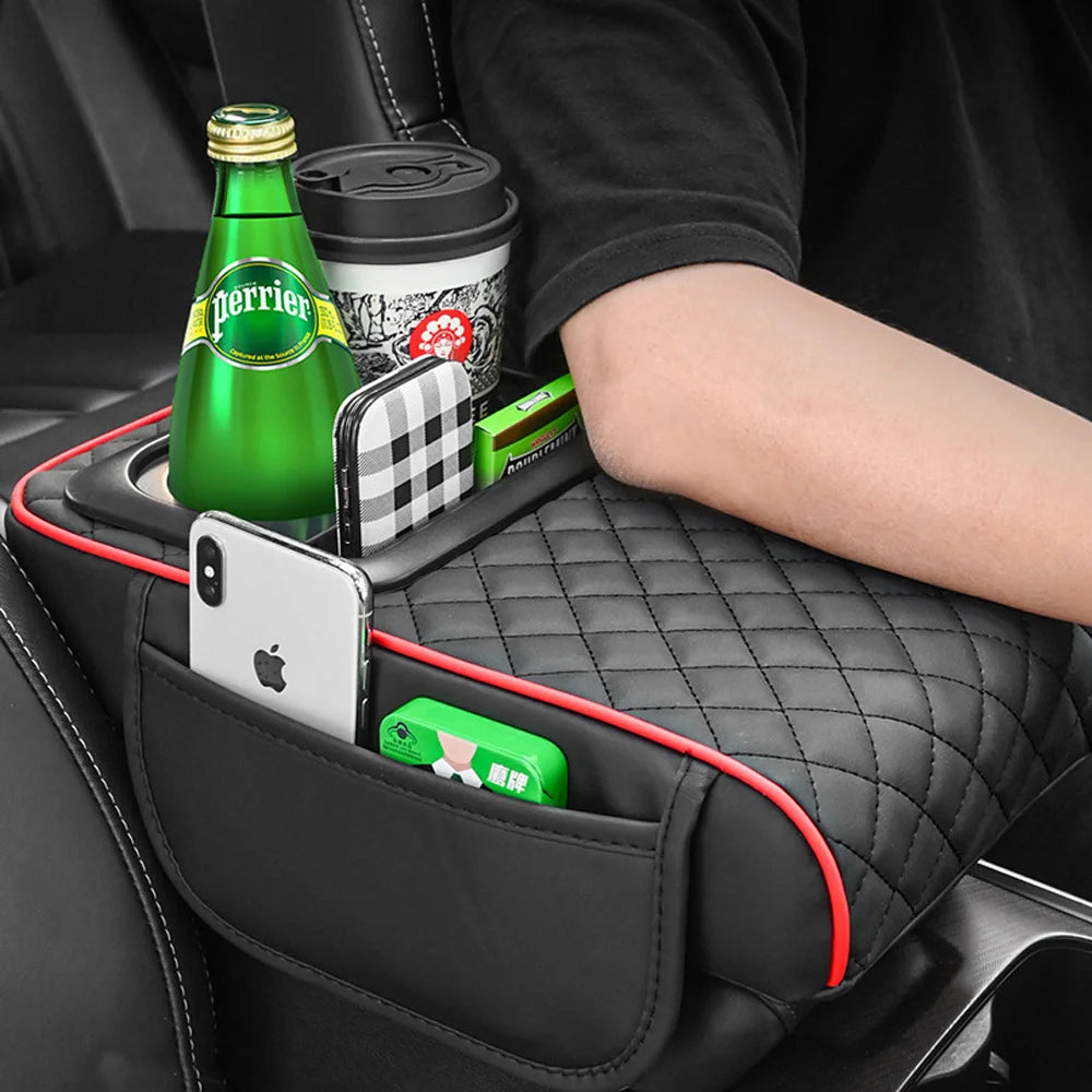 Car Armrest Mat Center Console Memory Foam Vehicle Arm Rest Tissue Boxes Pads PU Leather Protection Cushion Storage Pocket
