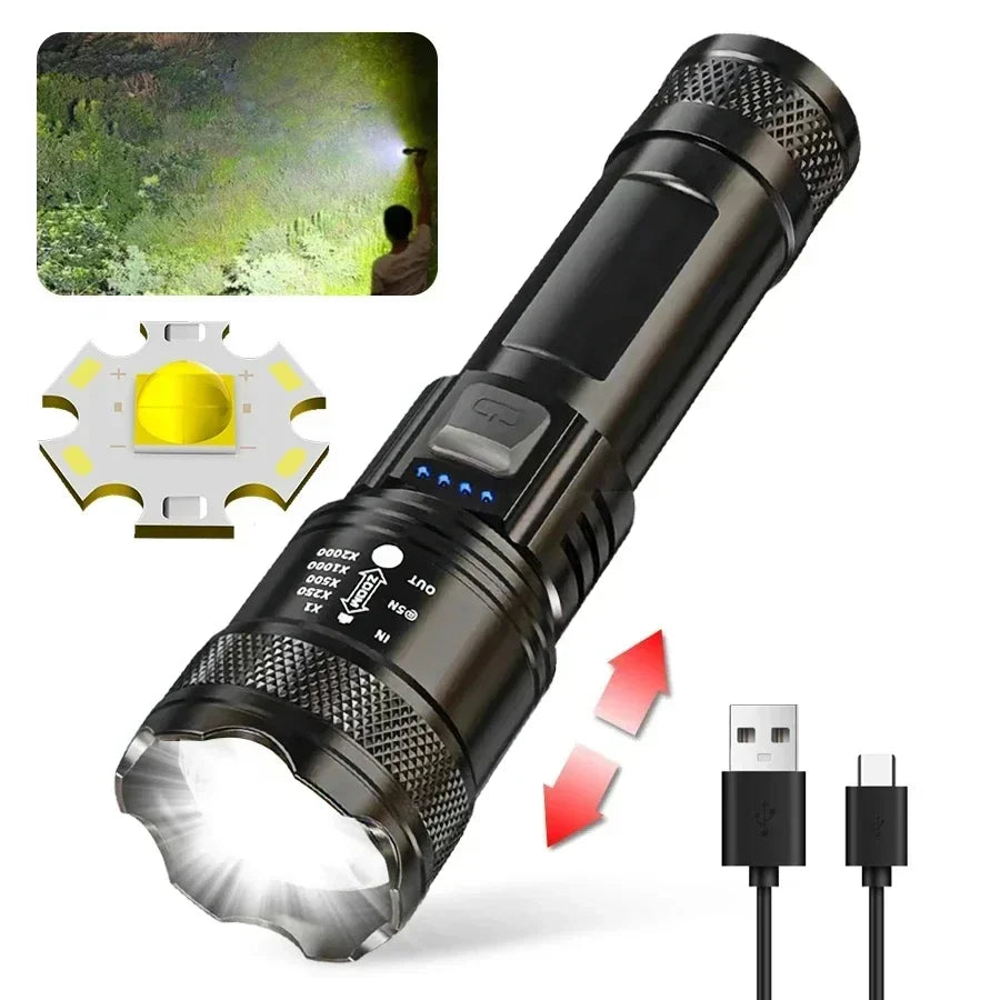 High-Performance Tactical LED Flashlight with Display Light and USB Charging for Camping, Fishing, and Emergency Use