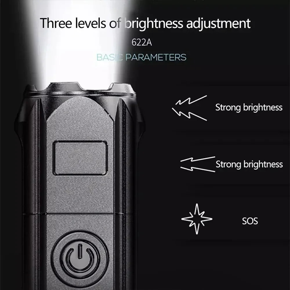Portable USB Rechargeable LED Flashlight with Focusing Lens, Waterproof Design for Outdoor and Home Use