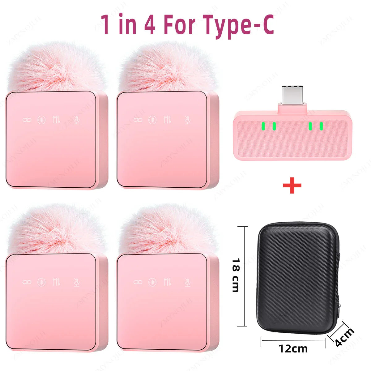 Pink 1 In 4 Wireless Lavalier Microphone Noise Reduction With Windproof Cap Mute Recording Function Portable Audio Video Live