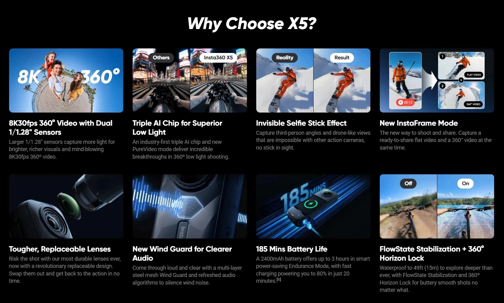 Insta360 X5 15m Waterproof Now arrival 72MP 360° Video X5 Action Camera New Wind Guard 185 mins Run Time Newest