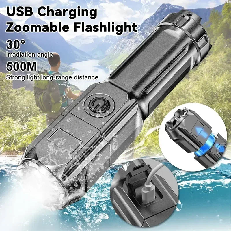 Portable USB Rechargeable LED Flashlight with Focusing Lens, Waterproof Design for Outdoor and Home Use