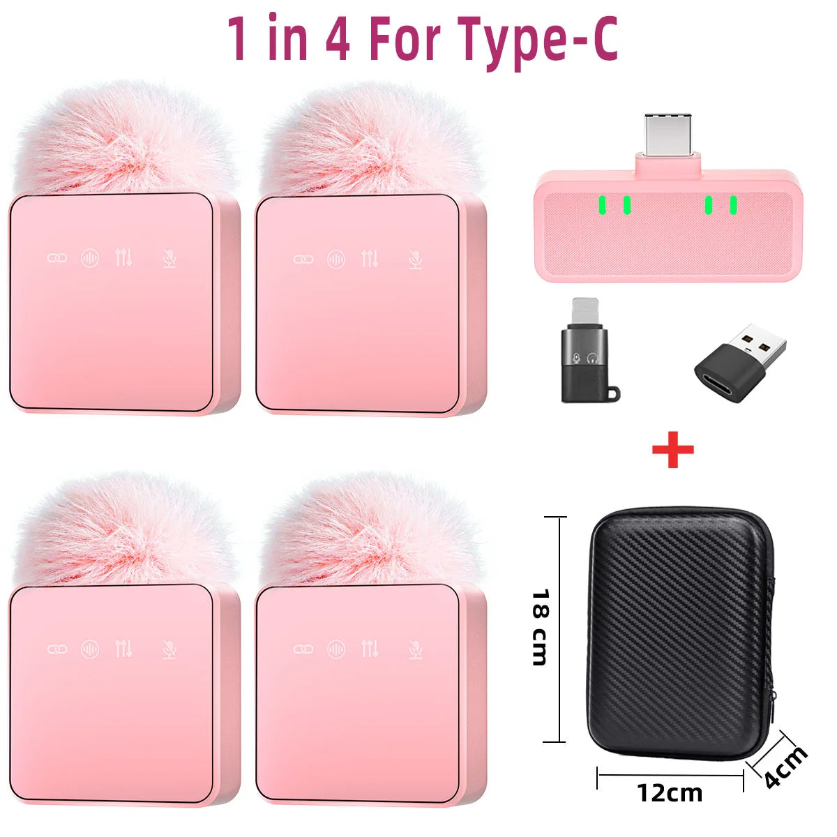 Pink 1 In 4 Wireless Lavalier Microphone Noise Reduction With Windproof Cap Mute Recording Function Portable Audio Video Live