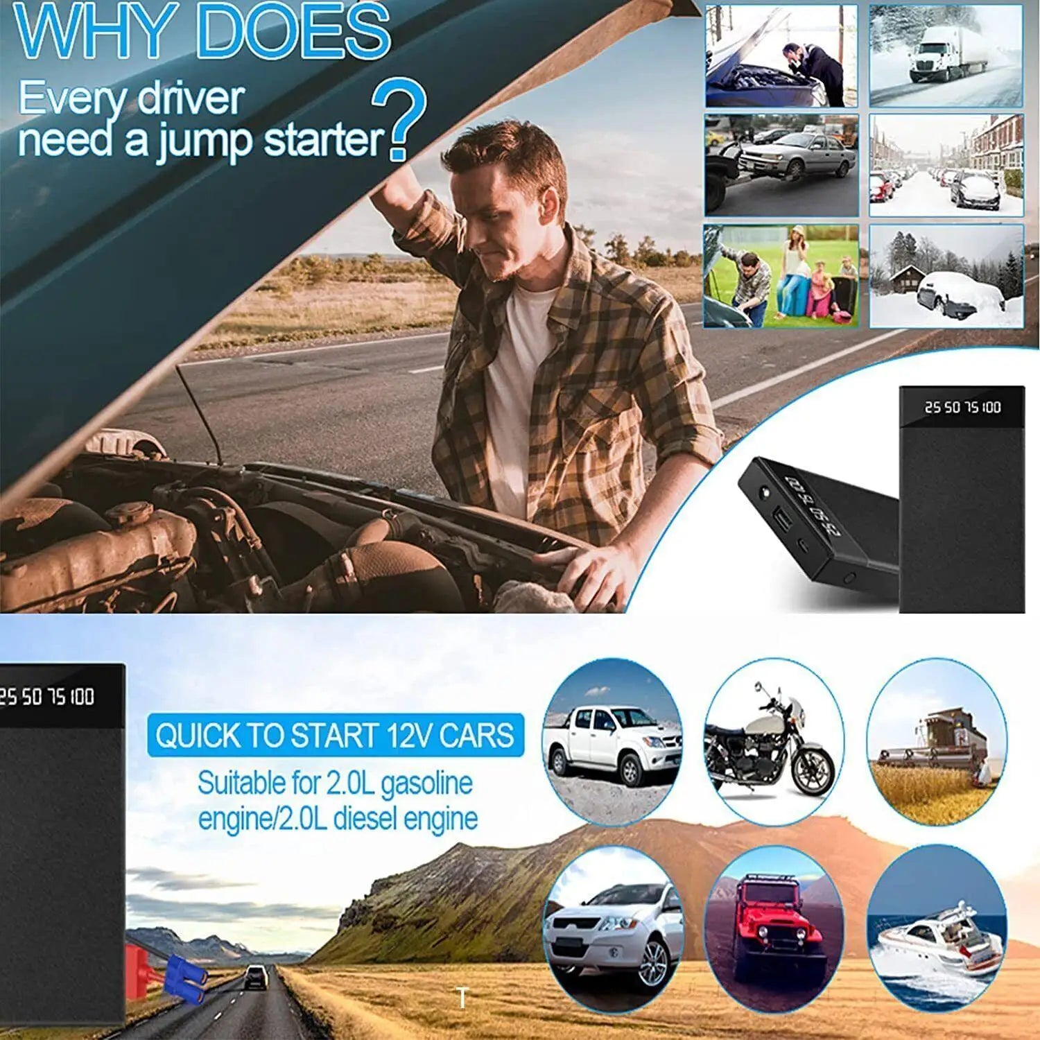 12V Portable Car Jump Starter 800A Auto Battery Booster Charger Car Emergency Booster 12000Mah Power Bank Starting Device