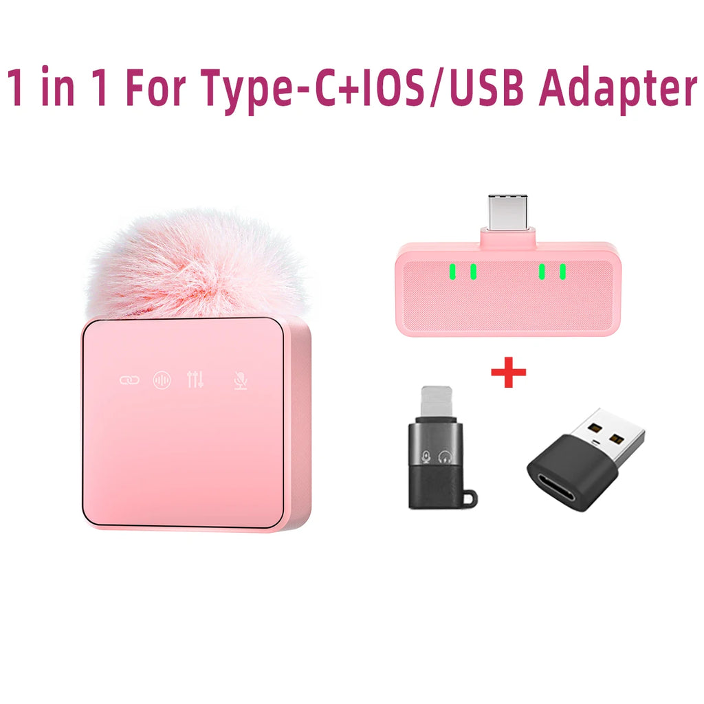 Pink 1 In 4 Wireless Lavalier Microphone Noise Reduction With Windproof Cap Mute Recording Function Portable Audio Video Live