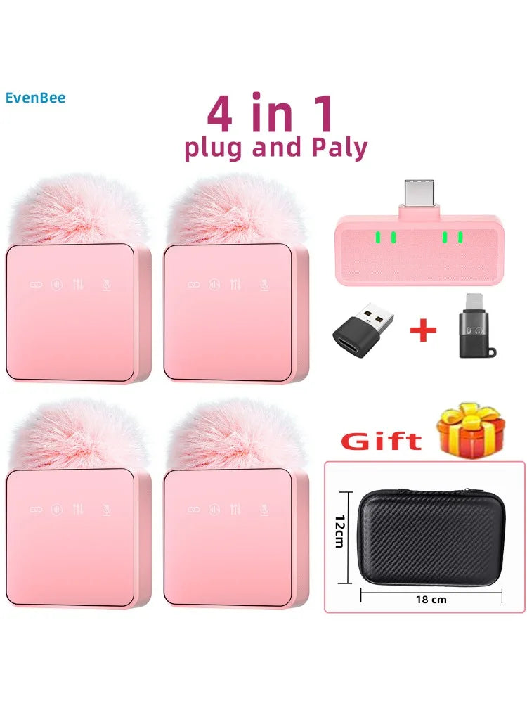 Pink 1 In 4 Wireless Lavalier Microphone Noise Reduction With Windproof Cap Mute Recording Function Portable Audio Video Live